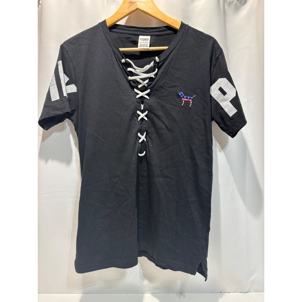 PINK Victoria's Secret T-Shirt Women XS Black Lace Up V-Neck American Flag Dog